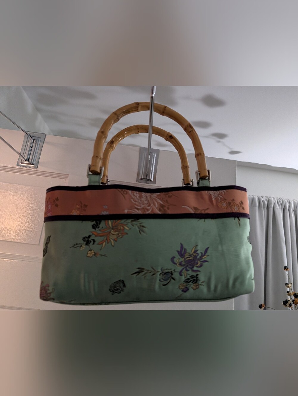 Mint Green Satin Floral Tote with Bamboo Handles